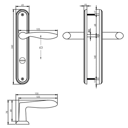 Poignée de porte Intersteel George sur bouclier serrure WC/salle de bain 63 mm nickel mat