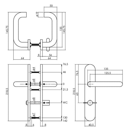 Poignée de porte Intersteel Ronde sur long bouclier serrure WC/salle de bain 63 mm acier inoxydable brossé 