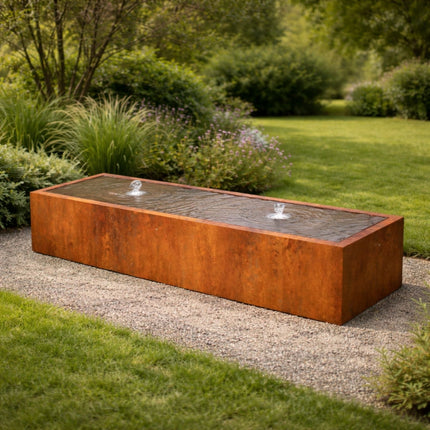 Langwerpige cortenstaal watertafel met fonteinen 200x60x40cm 113kg
