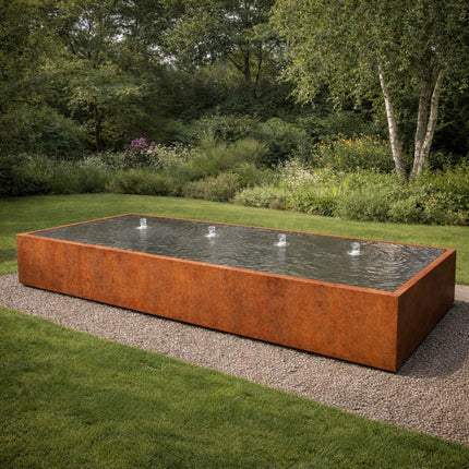 Langwerpige cortenstaal watertafel met fonteinen 400x150x40cm 371kg