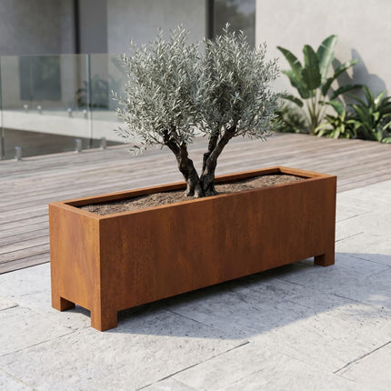 Langwerpige cortenstalen plantenbak met poten 200x50x60 cm