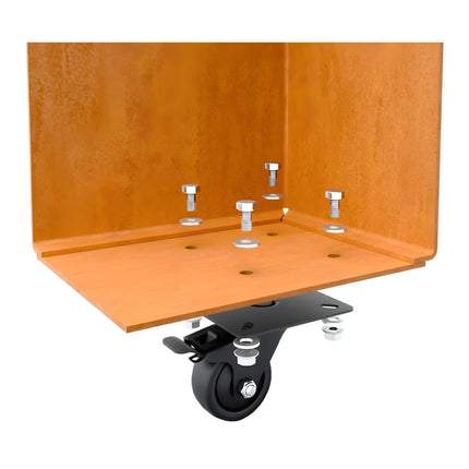 Langwerpige cortenstalen plantenbak met wielen 150x30x80 cm