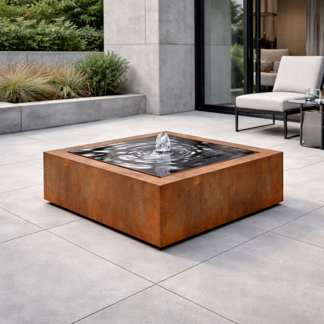 Vierkante cortenstaal watertafel met fontein 100x100x40cm 88kg