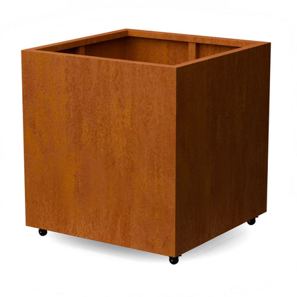 Vierkante cortenstalen plantenbak met wielen 100x100x100 cm