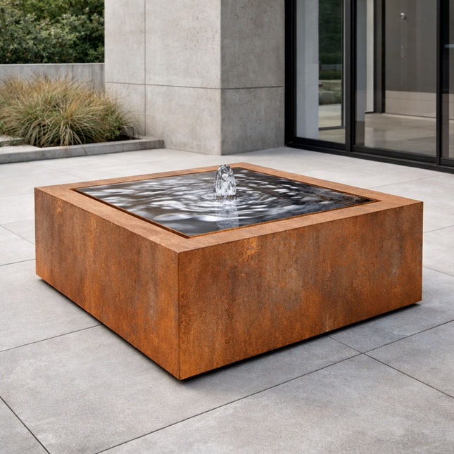 Vierkante cortenstalen watertafel met fontein 120x120x40cm 115kg