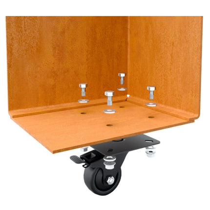 Vierkante cortenstalen plantenbak met wielen 50x50x100 cm