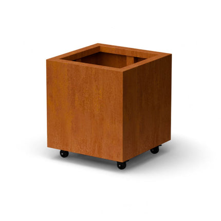 Vierkante cortenstalen plantenbak met wielen 50x50x50 cm