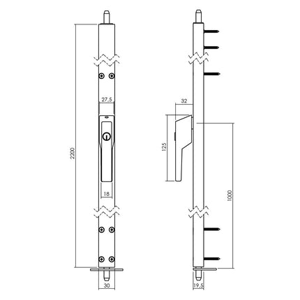 Intersteel Deurespagnolet afsluitbaar Links 2200mm met uitwisselbare cilinder aluminium - Doika - Deurespagnoletten - Intersteel - 8718419305037 - SI - 1424 - 22A - 71L