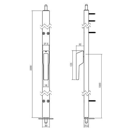 Intersteel Deurespagnolet niet afsluitbaar Links 2200mm RAL 9010 wit - Doika - Deurespagnoletten - Intersteel - 8714186368497 - RB - 1422 - 22A - 78L