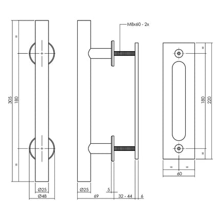 Intersteel Deurgreep T - model Ø25x305 mm met schuifdeurkom 220x60 mm zwart - Doika - Deurgrepen op rozet - Intersteel - 8714186519493 - 23,450,160