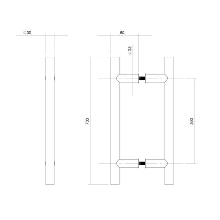 Intersteel Deurgrepen per paar T - vorm 700x80x30 HoH 500 rvs - Doika - Deurgrepen - Intersteel - 8714186465011 - 35,432,742