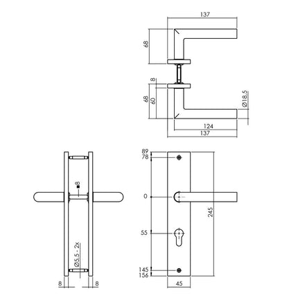 Intersteel Deurkruk Bastian op schild 245x45 mm profielcilindergat 55 mm messing titaan PVD - Doika - Deurkrukken op schild - Intersteel - 8714186559772 - 13,174,329