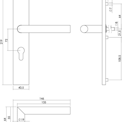 Intersteel Deurkruk Hoek 90° op rechthoekig schild profielcilindergat 72 mm rvs geborsteld - Doika - Deurkrukken op schild - Intersteel - 8714186186985 - 35,130,736