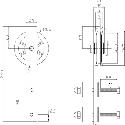 Intersteel Set van 2 hangrollen Wheel 340 mm mat zwart - Doika - Schuifdeursystemen - Intersteel - 8714186452202 - 23,450,132