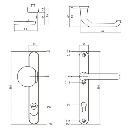 Intersteel Veiligheidsbeslag smal SKG*** greep/kruk profielcilinder 92 mm met kerntrekbeveiliging aluminium - Doika - Voordeurbeslag op schild - Intersteel - 8714186456163 - 82,379,849