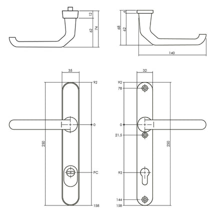 Intersteel Veiligheidsbeslag smal SKG*** kruk/kruk profielcilinder 92 mm met kerntrekbeveiliging aluminium - Doika - Achterdeurbeslag op schild - Intersteel - 8714186456170 - 82,379,949