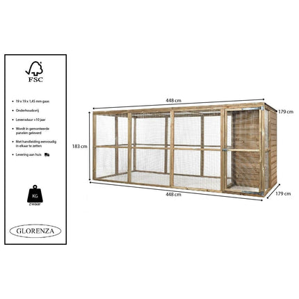 Volière Koene 448 x 179 x 183 cm - Geïmpregneerd hout - Doika - Volière - Glorenza - 8720094051208 - 8720094051208